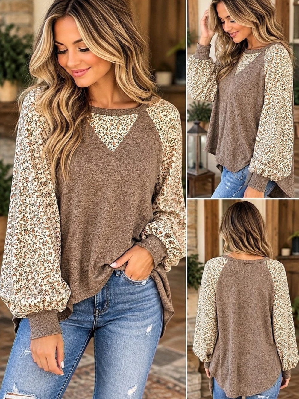 ANDTHEWHY Floral V-Neck Blouse in Brown & Cream Size Small Like New
